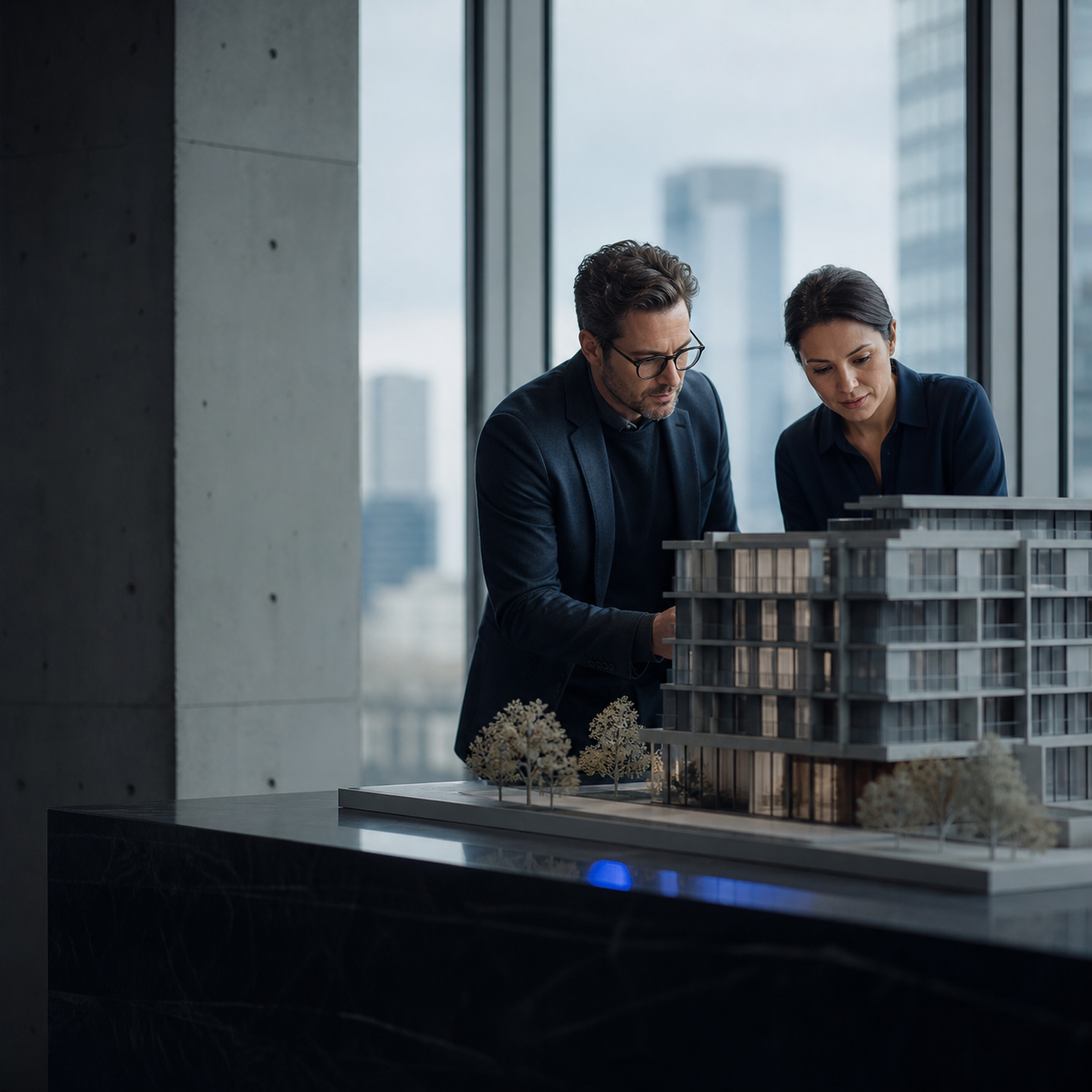 Equipe de incorporadora analisando maquete