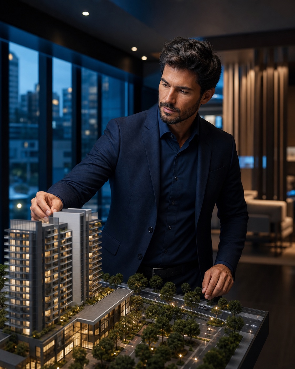 Gestor analisando a maquete de um empreendimento